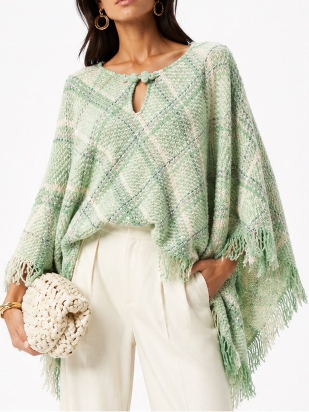 Boyne Valley Weavers Ireland Mint Green‎ & White Plaid Fringe Poncho One Size
